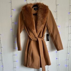 Fur Collar Camel Wrap Coat